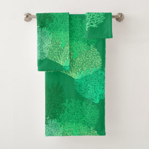 Fan Coral Print, Shades of Jade Green    Bath Towe Towel Set
