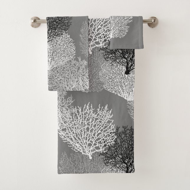 Fan Coral Print, Shades of Silver Grey / Grey   Bath Towel Set (Insitu)