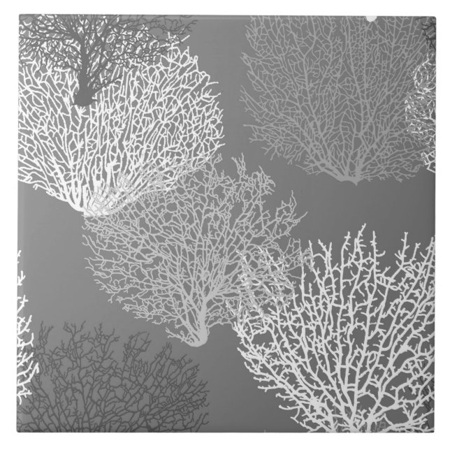 Fan Coral Print, Shades of Silver Grey / Grey Ceramic Tile (Front)