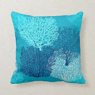 Fan Coral Print, Turquoise, Aqua and Cobalt Blue Cushion