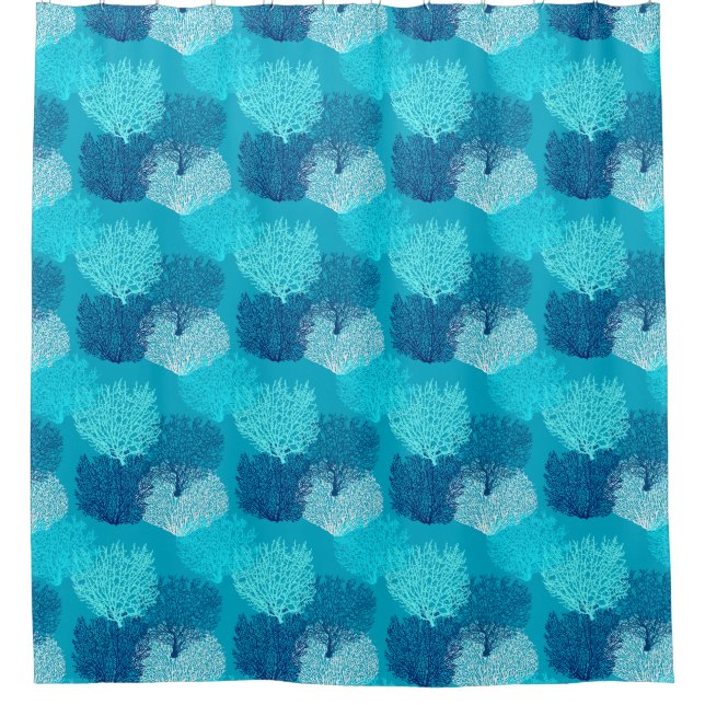 Fan Coral Print, Turquoise, Aqua and Cobalt Blue Shower Curtain (Front)