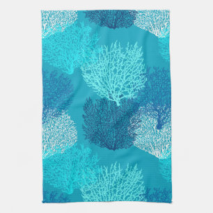 Fan Coral Print, Turquoise, Aqua and Cobalt Blue  Tea Towel