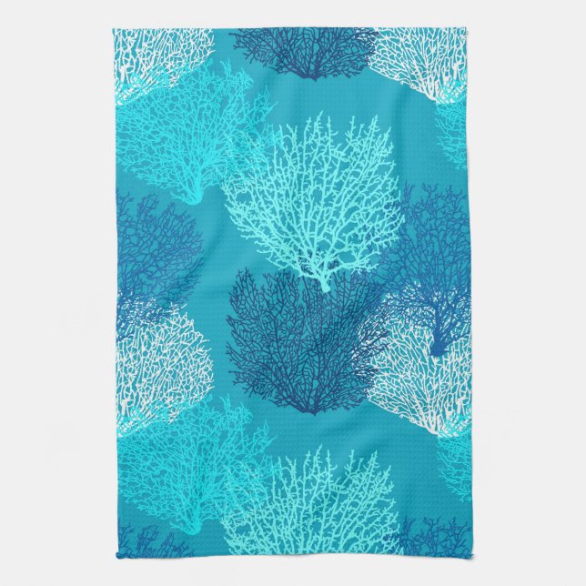 Fan Coral Print, Turquoise, Aqua and Cobalt Blue  Tea Towel (Vertical)