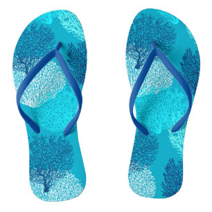 Fan Coral Print, Turquoise, Aqua and Cobalt Blue Thongs