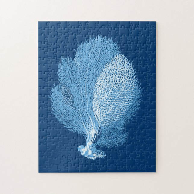 Fan Coral Sea Life Print, Indigo Blue and White Jigsaw Puzzle (Vertical)