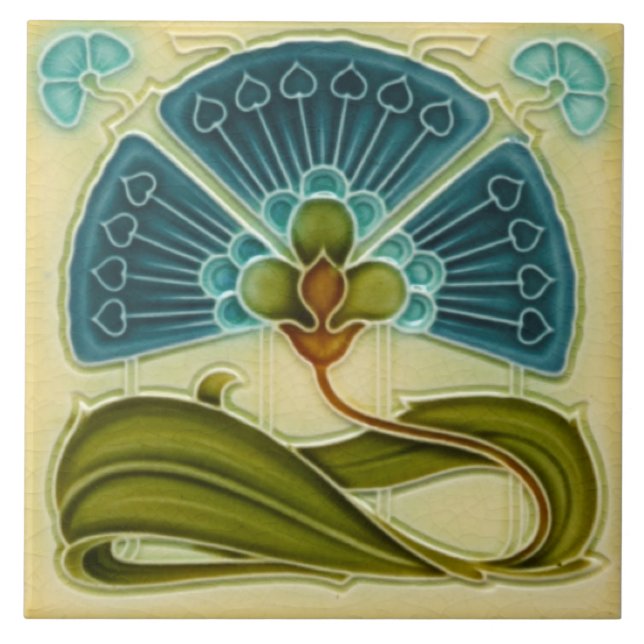 Fan-tastic Repro Richards Art Nouveau Teal Floral Ceramic Tile (Front)