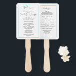 Fan Wedding Program Template White Rectangle<br><div class="desc">Minimalist fan wedding programs on a stick. White board with grey text templates in modern handwritten fonts to personalise for your event. Once the cards are attached to the stick, text will be on both sides. A thin, aqua blue line frames the text for a simple presentation that will match...</div>