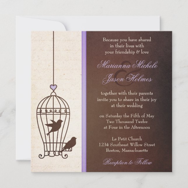 Fanciful Bird Cage - Lavender & Brown Squa Wedding Invitation (Front)