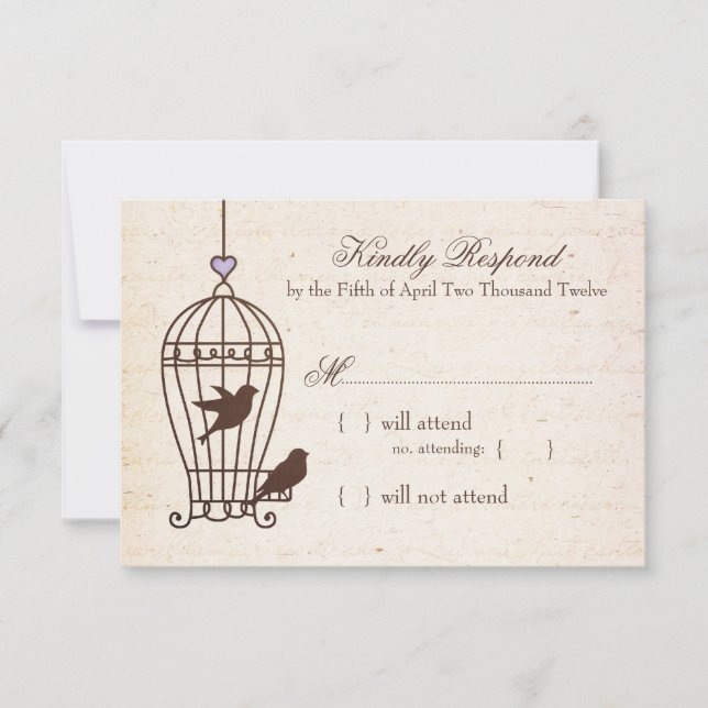 Fanciful Bird Cage Lavender & Brown Wedding RSVP Card (Front)