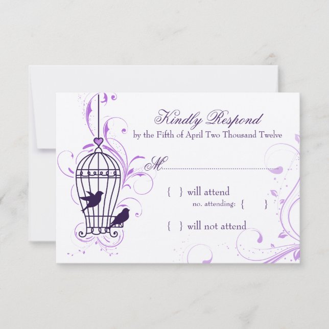 Fanciful Bird Cage with Swirls Aubergine RSVP Card (Front)