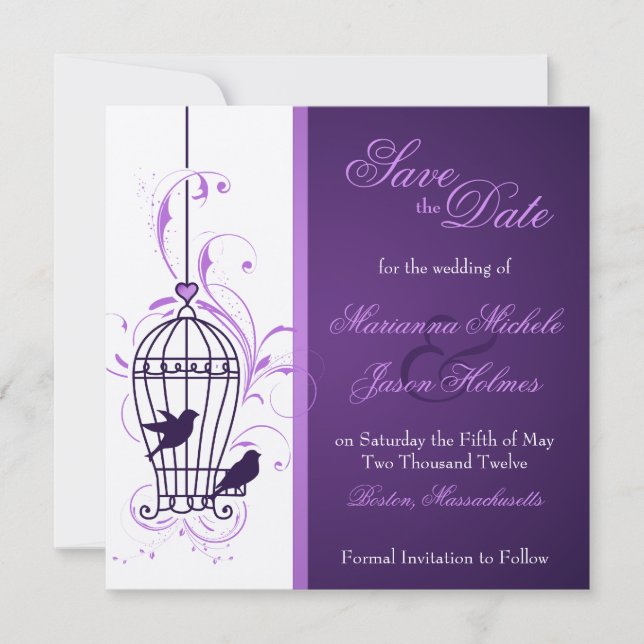 Fanciful Birdcage & Swirls Aubergine Save the Date (Front)