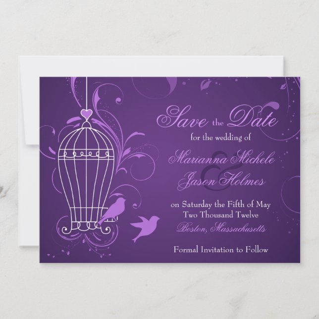 Fanciful Birdcage & Swirls Aubergine Save the Date (Front)