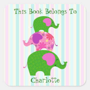 Fanciful Green & Pink Elephants Bookplate Sticker