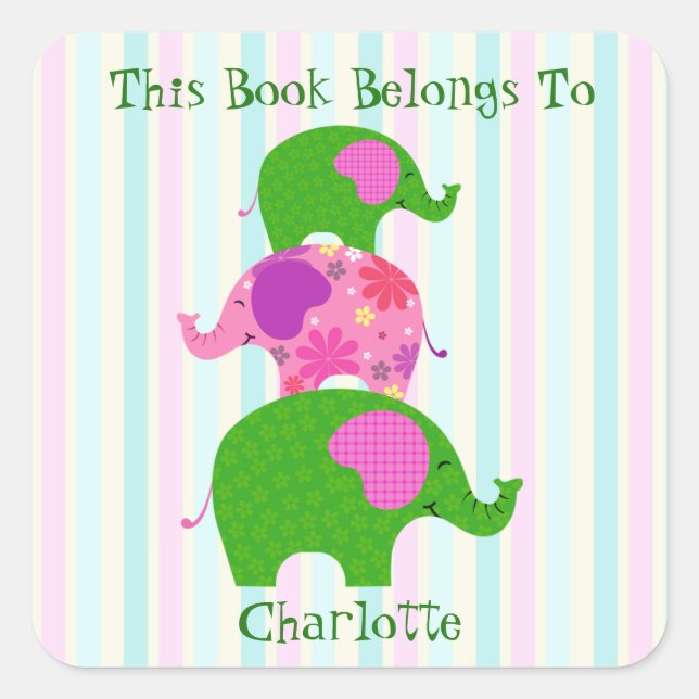 Fanciful Green & Pink Elephants Bookplate Sticker (Front)