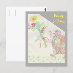 Fanciful Hedgehog and Flowers Bouquet Birthday Car Postcard