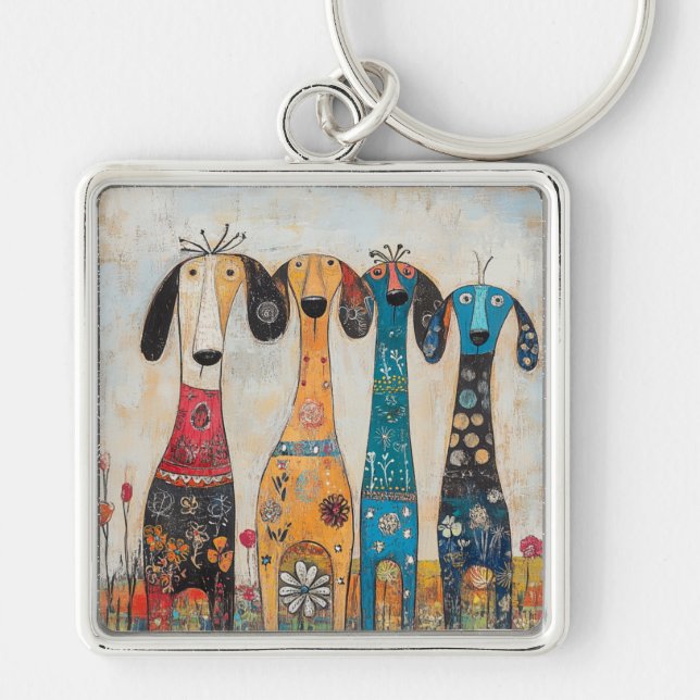 Fanciful Long Tall Hound Dogs Key Ring (Front)