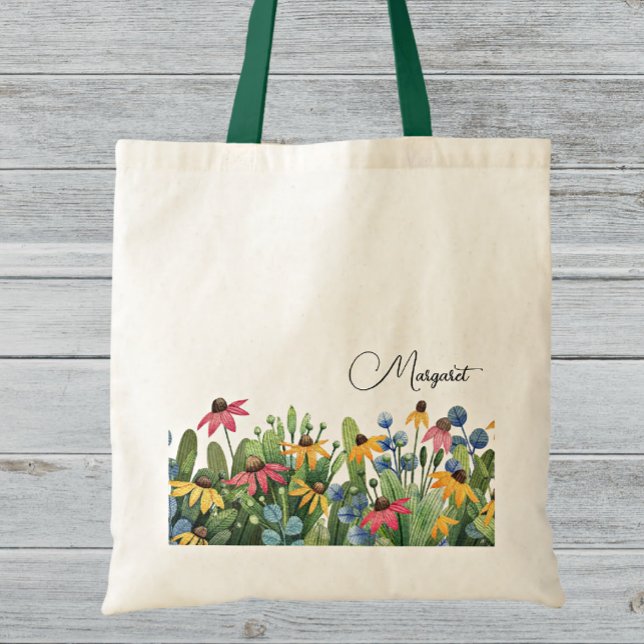 Fanciful Name on Watercolor Summer Wildflowers Tote Bag (Creator Uploaded)