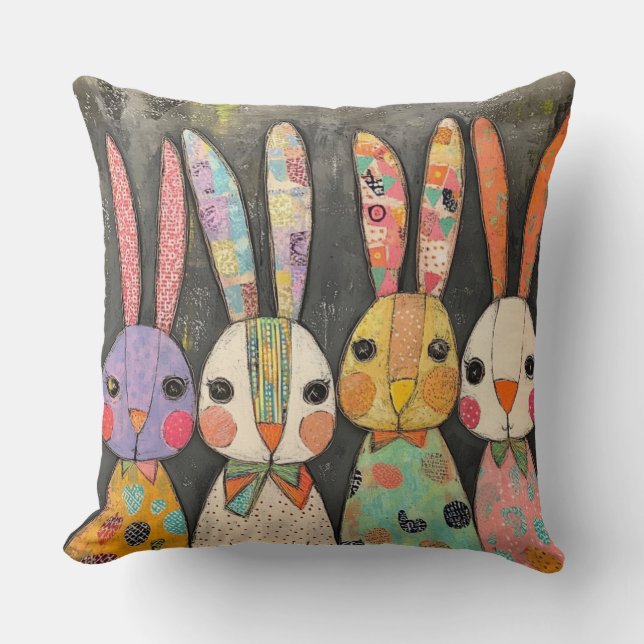Fanciful Patchwork Easter Bunny Rabbits Cushion (Front)