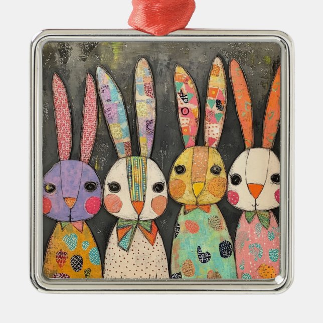 Fanciful Patchwork Easter Bunny Rabbits Metal Ornament (Front)