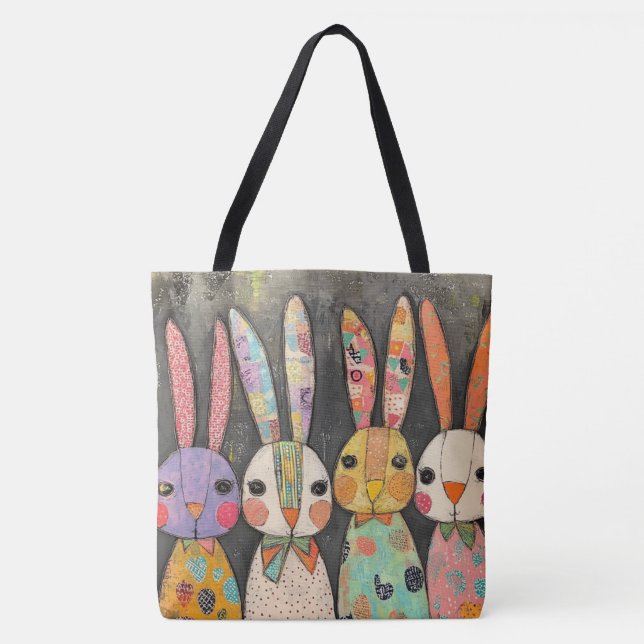 Fanciful Patchwork Easter Bunny Rabbits Tote Bag (Front)