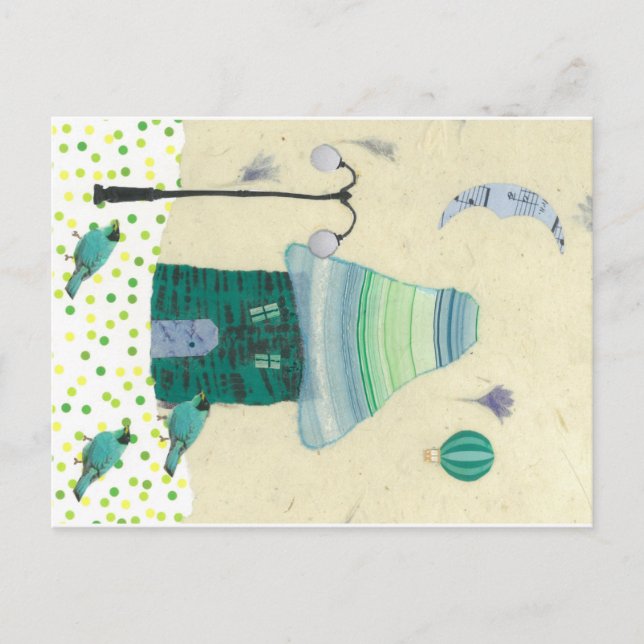 Fanciful, Playful Postcard with Tiny House, Birds (Front)