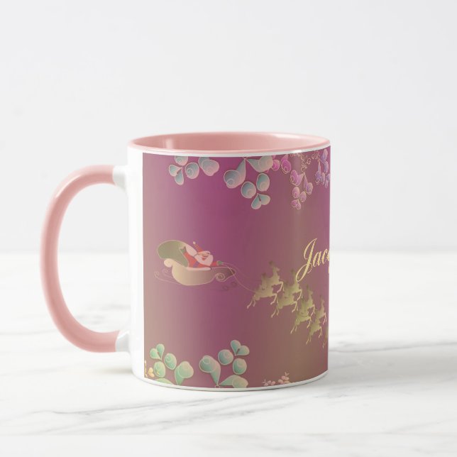 Fanciful Santa's Reindeer & Snowflakes Purple Mug (Left)