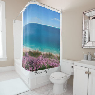 Fancy a dip?  Cornish cliff top view sea pinks Shower Curtain