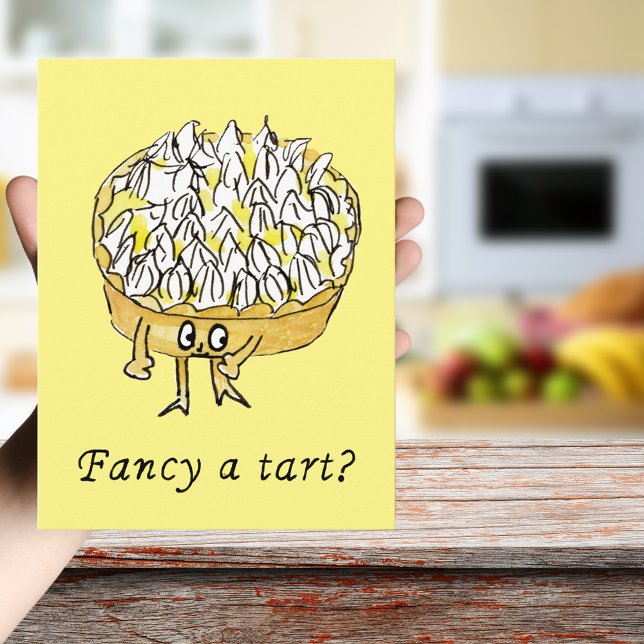 Fancy a Tart Funny Lemon Meringue Pie Quirky Art Postcard (Fancy a tart quote funny lemon meringue pie cartoon watercolor art greetings postcard for cake lover)