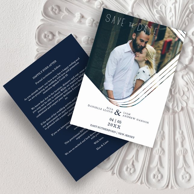 Fancy Abstract Navy Photo Sophisticated Wedding Save The Date (Elegant Abstract Navy Blue Photo Sophisticated Downloadable Wedding Save the Date Card. )