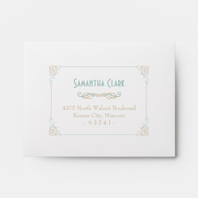 Fancy Art Deco Blue and Bronze RSVP Envelopes (Front)