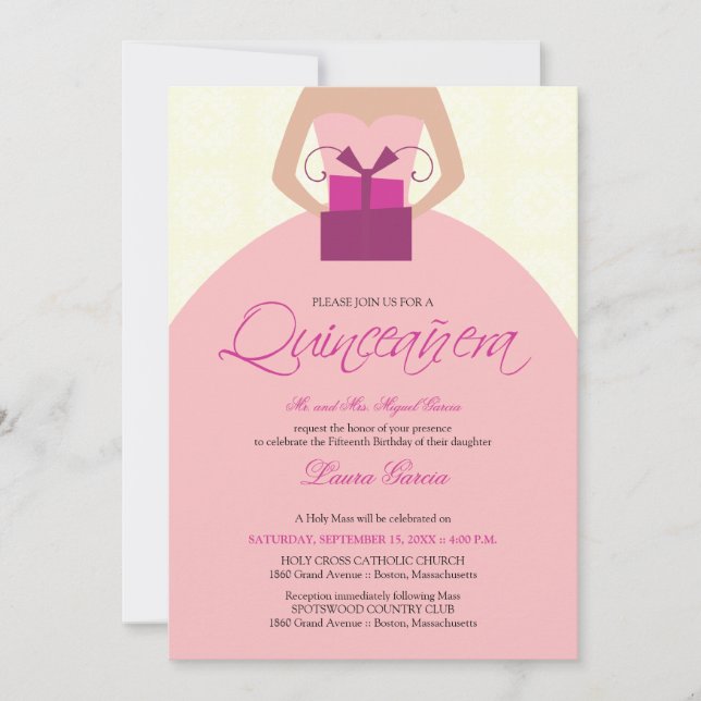 Fancy Ball Gown Quinceanera Invitation (ivory) (Front)