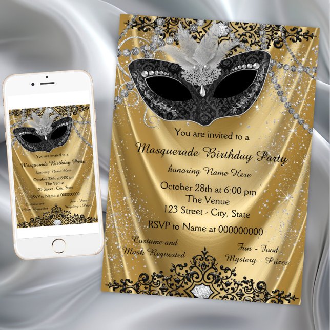 Fancy Black and Gold Masquerade Party Invitation (Elegant any occasion black gold masquerade party invitation. Simply add your event details.)