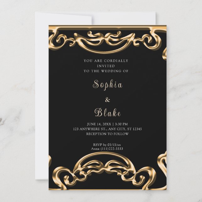 Fancy Black and Gold Scroll Art Deco Wedding Invitation (Front)