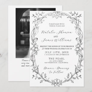 Fancy Black And White Floral Photo QR Code Wedding Invitation