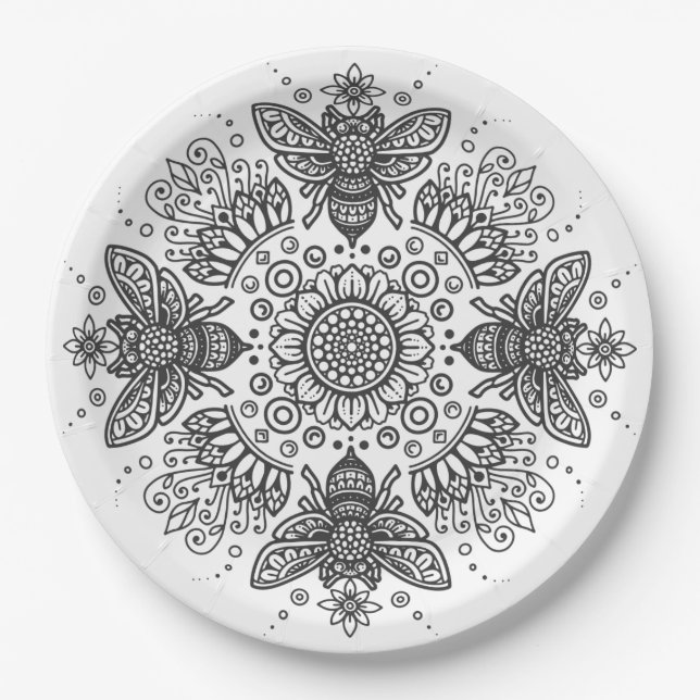 Fancy Black Bee Mandala Paper Plate (Front)