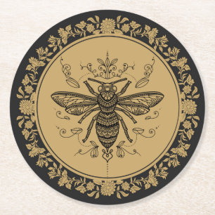 Fancy Black Bee  Round Paper Coaster