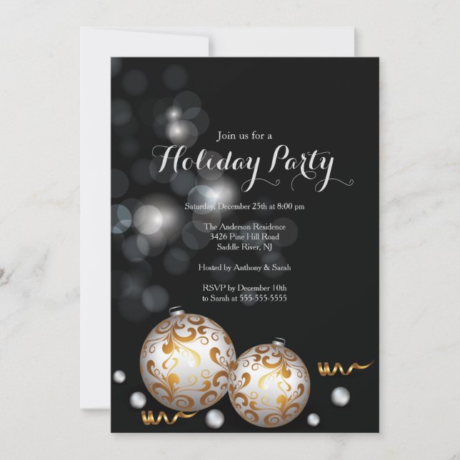 Fancy Black Bokeh Lights Holiday Invitation (Front)
