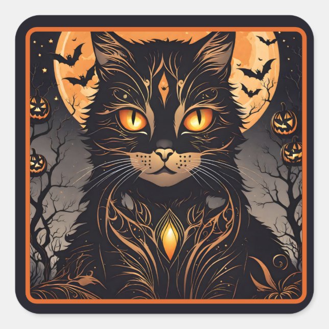Fancy Black Cat, Bats and Pumpkins Square Sticker (Front)