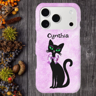 Fancy Black Cat Pink Bow green Eyes on Pink White
