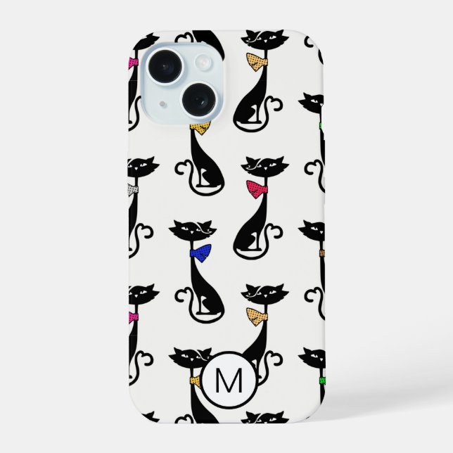 Fancy Black Cats Quirky Pattern Monogram iPhone 15 Case (Back)