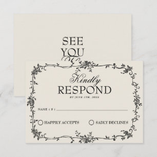Fancy Black Cream Floral Boho Wedding RSVP Card