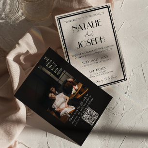 Fancy Black Cream Old Money QR Code Photo Wedding Invitation