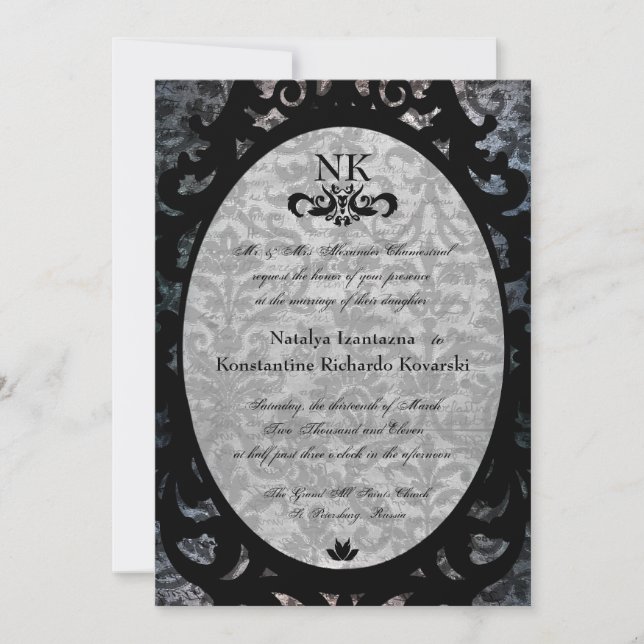 Fancy Black Damask Oval Goth Wedding Invite (Front)