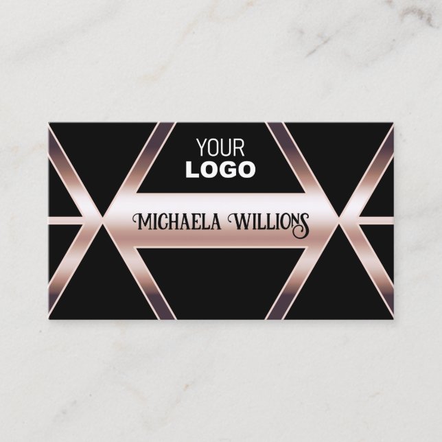 Fancy Black Geometric with Chic Rose Gold and Logo Business Card (Front)
