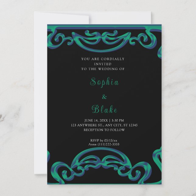 Fancy Black, Green & Blue Scroll Art Deco Wedding Invitation (Front)