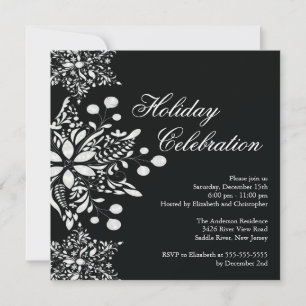 Fancy Black Jewel Snowflakes Holiday Party Invitation