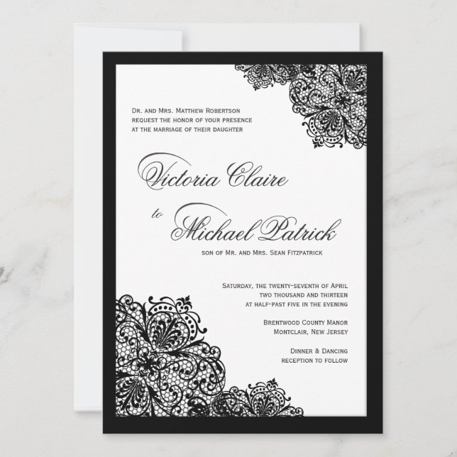 Fancy Black Lace Script Wedding Invitations (Front)