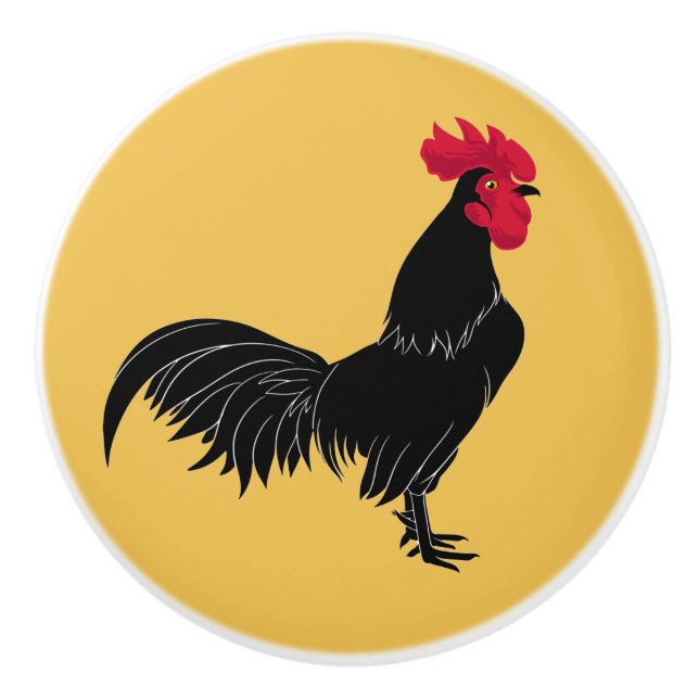 Fancy Black Rooster Ceramic Knob (Front)
