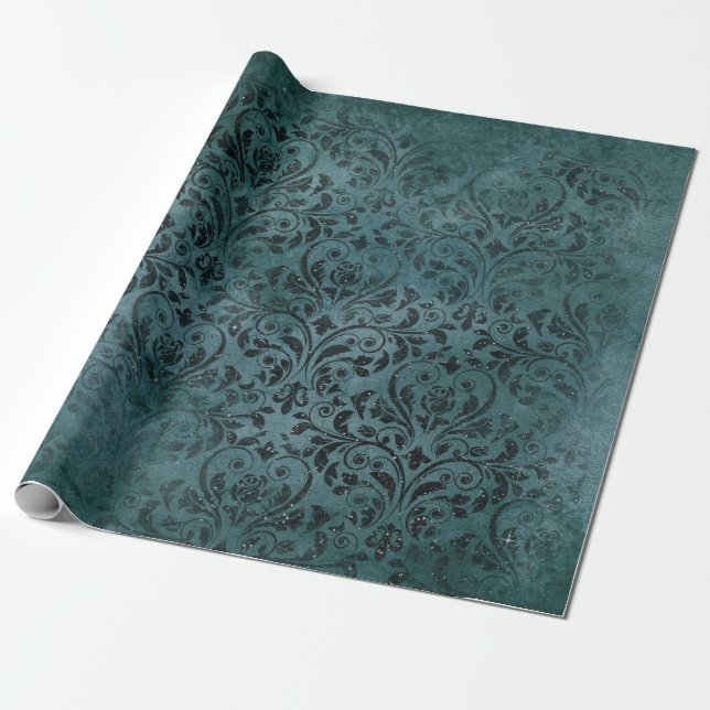 Fancy Black Scrollwork on Green Wrapping Paper (Unrolled)