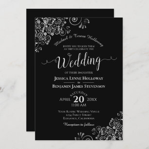 Fancy Black & Silver Elegant Formal Wedding Invitation